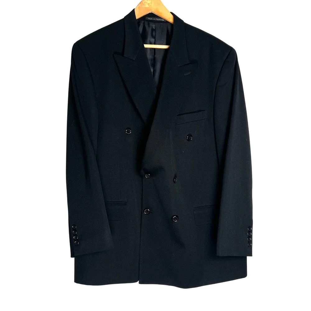 JD Christopher Mens 46R Black Double Breasted Wool Blazer Suit Jacket 100% Wool